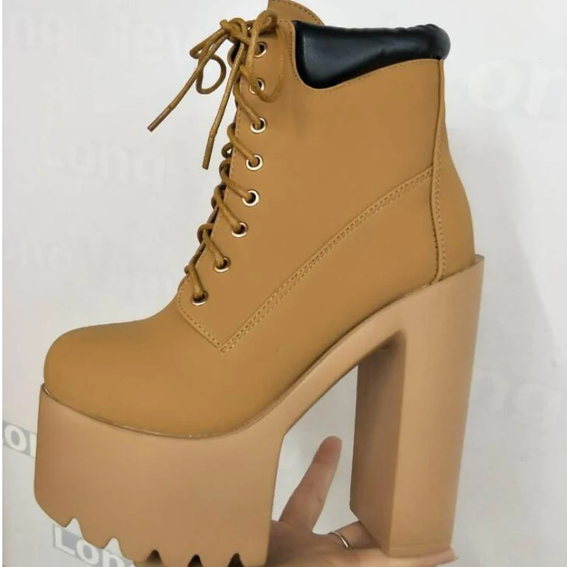 

Autumn Fashion Women Boots High Heels Platform Buckle Lace Up Leather Short Booties Black Ladies Shoes Promotion dd378