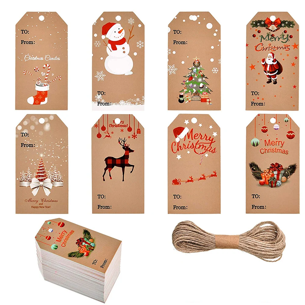 100 Étiquettes Cadeau Noël + 20 M De Ficelle Jute – 5x5 Cm – Étiquettes Rondes Pour Emballage, Remerciements, Décoration