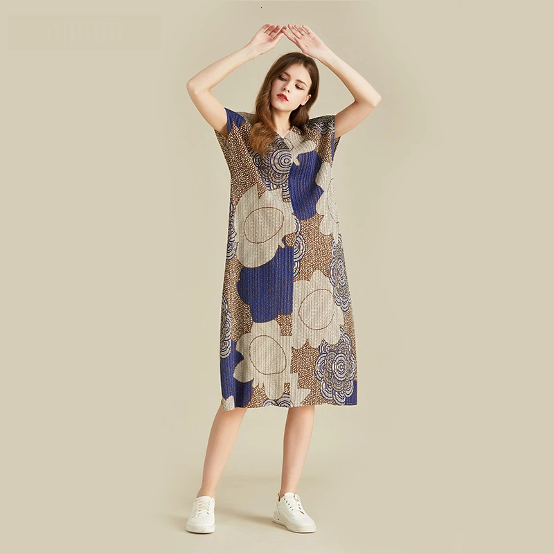 

[DEAT] 2019 Fashion Pattern New Short Sleeve Loose Vintage Belted Chiffon Printting Pleated V Collar Women's The Dress AD074