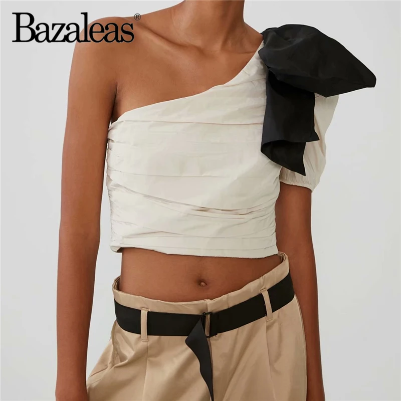 

Bazaleas Sexy Black Bandage Bow Cropped Camisole Chic Cream Ruched Crop Tops Retro Cotton Women Summer Camis drop shipping