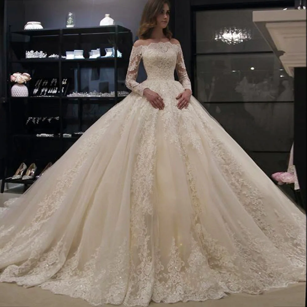 

Luxury Princess Ball Gown Wedding Dresses Female Marriage Formal Party Long Sleeves Sparkly Appliques Beaded Ivory Bridal Gowns
