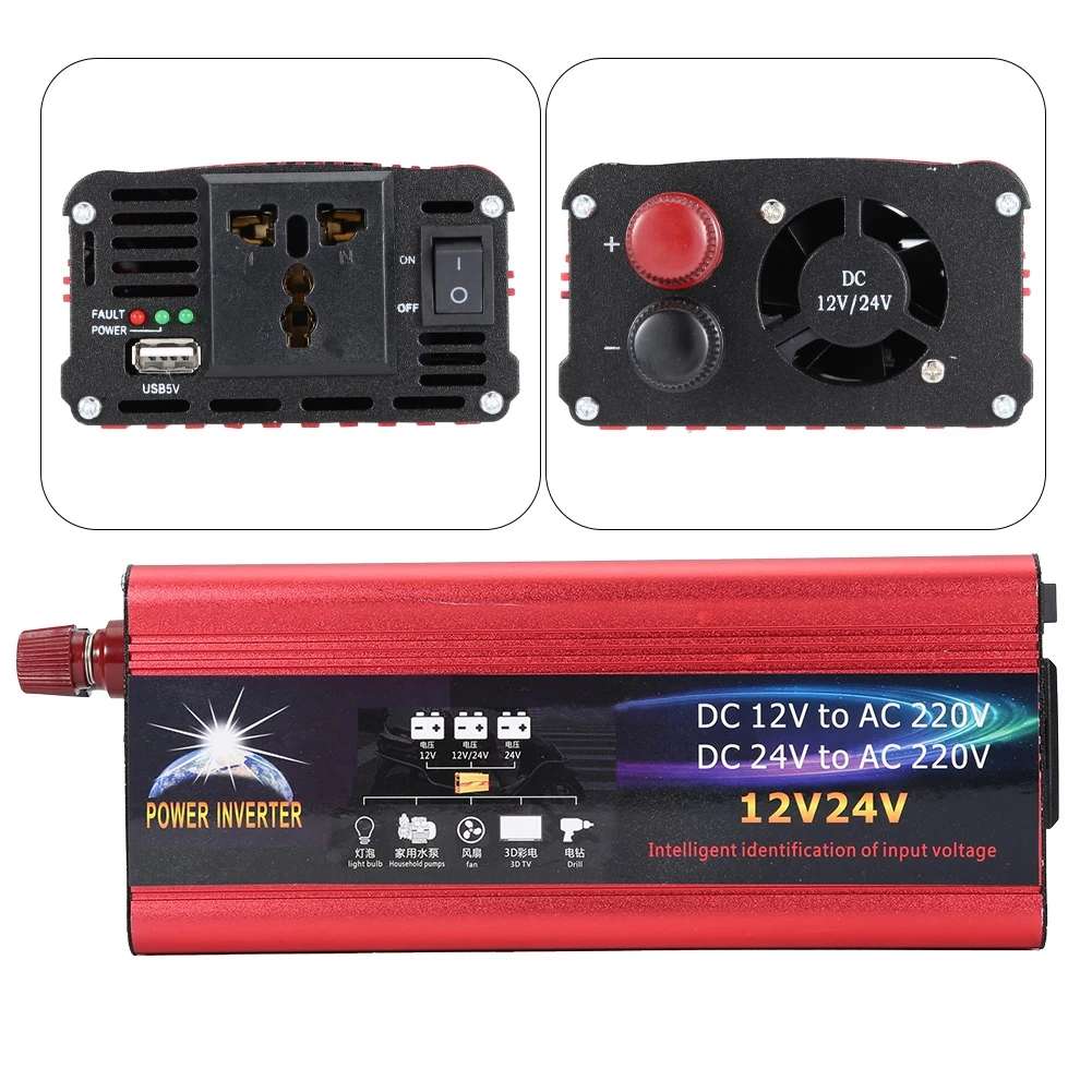 Universal 1500W Watt DC 12V to AC 220V Portable USB Car Power Inverter Aluminum Charger