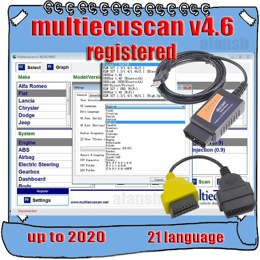 2020 Горячая продажа MultiEcuScan V4.6 зарегистрированный неограниченный мульти Ecu