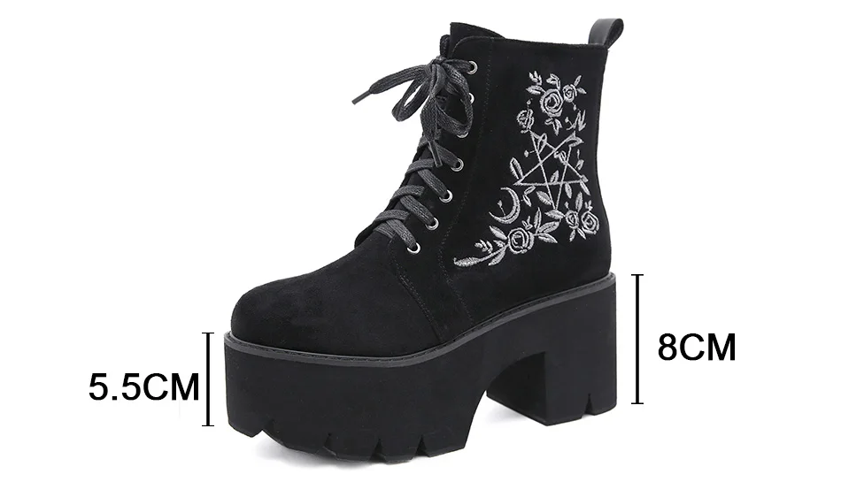 Gdgydh Fashion Flower Platform Boots Chunky Punk Suede Leather Womens Gothic Shoes Nightclub Lace Up Back Zipper High Quality