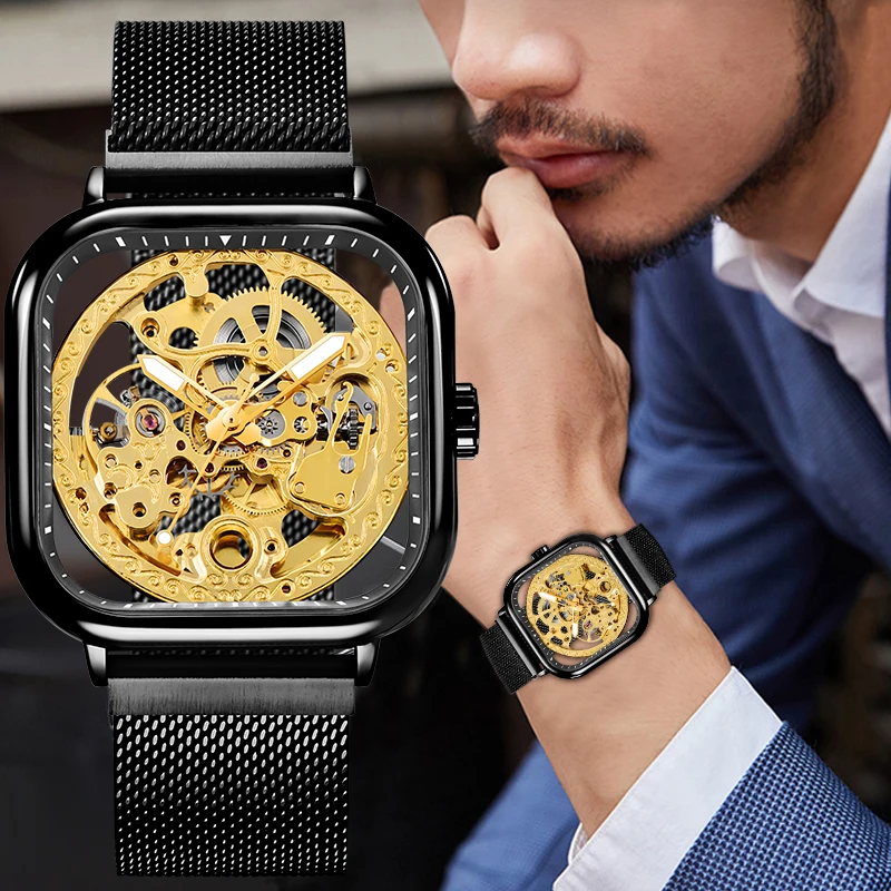 

Forsining Brand Business Automatic Mechanical Men Watch Fashion Gold Skeleton Dial Mens Wristwatch Mesh Steel Band Reloj Hombres