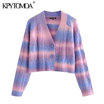 

KPYTOMOA Women 2020 Fashion With Buttons Printed Cropped Cardigan Sweater Vintage V Neck Long Sleeve Female Outerwear Chic Tops