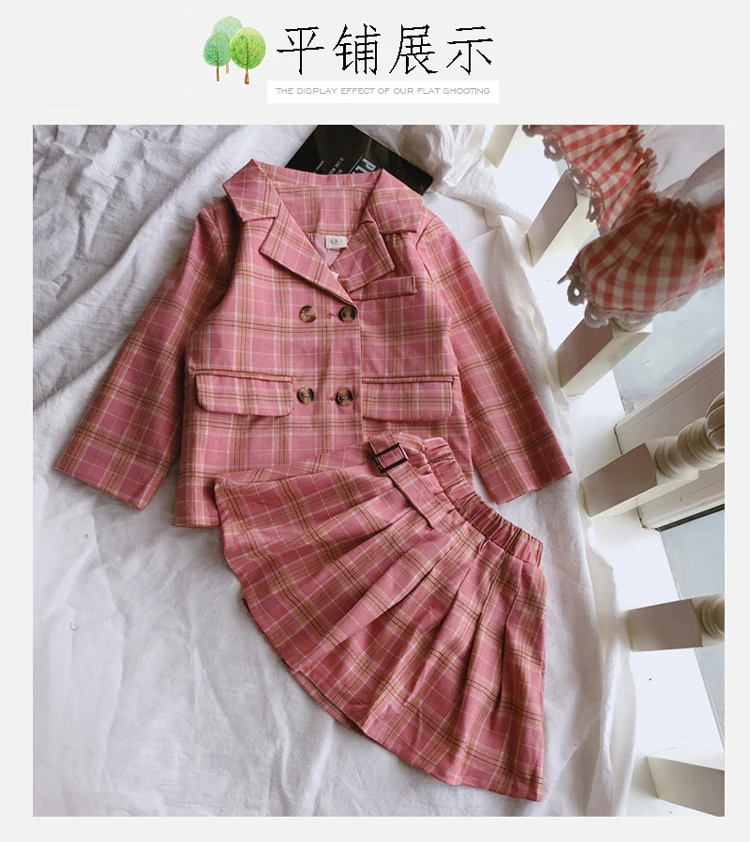 Осенний модный клетчатый костюм для девочек, включая пальто+ юбку, комплект из 2 предметов