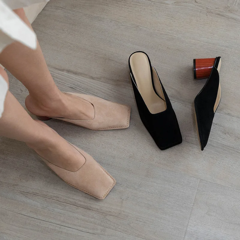 

2019 Spring New Style Suede Chunky-Heel Shoes Women's Retro Square Head Semi-high Heeled WOMEN'S Shoes Shallow Mouth Versatile F