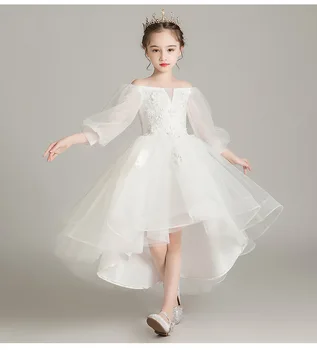 

White Tulle Off Shoulder Girl Dress Lace Appliques Gown Wedding Banquet Full Dress Princess Party Birthday Formal Clothing