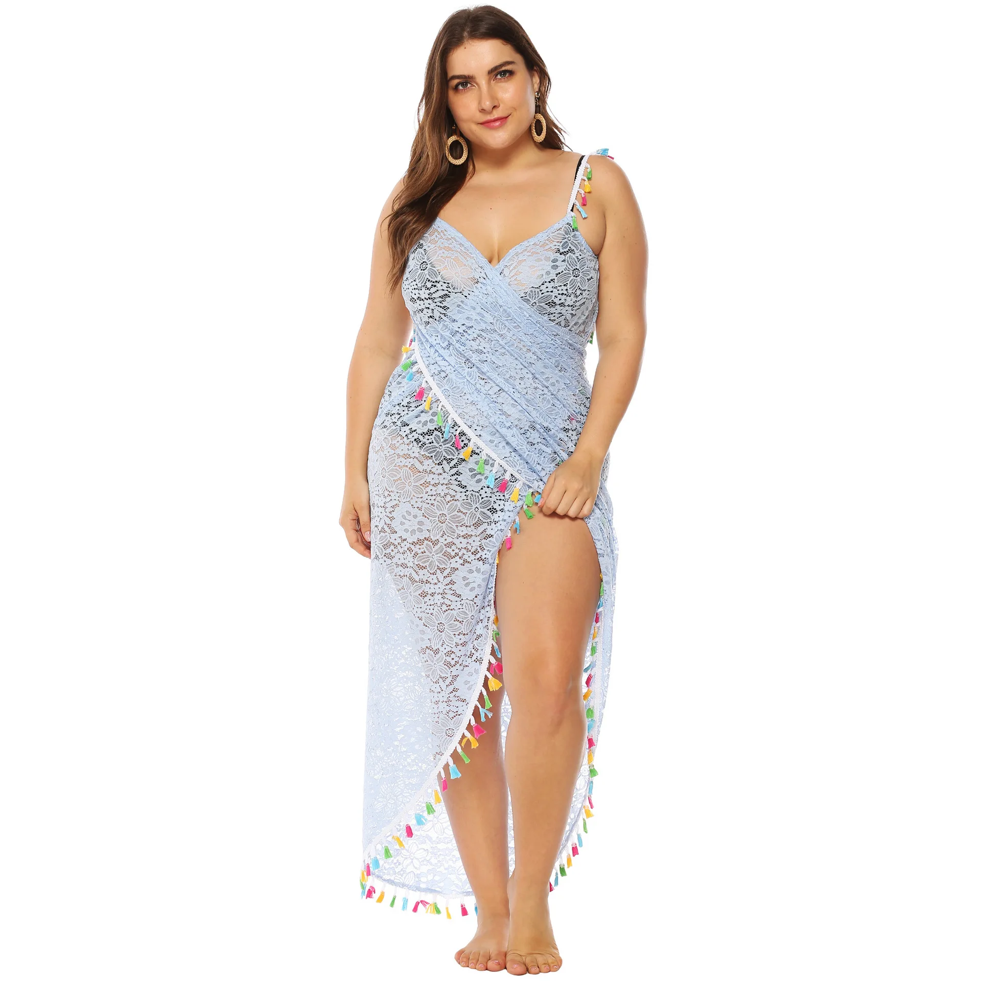 

Sexy Perspective Lace Joint Color Tassels Irregular Camisole Solid Color Beach Skirt A6110