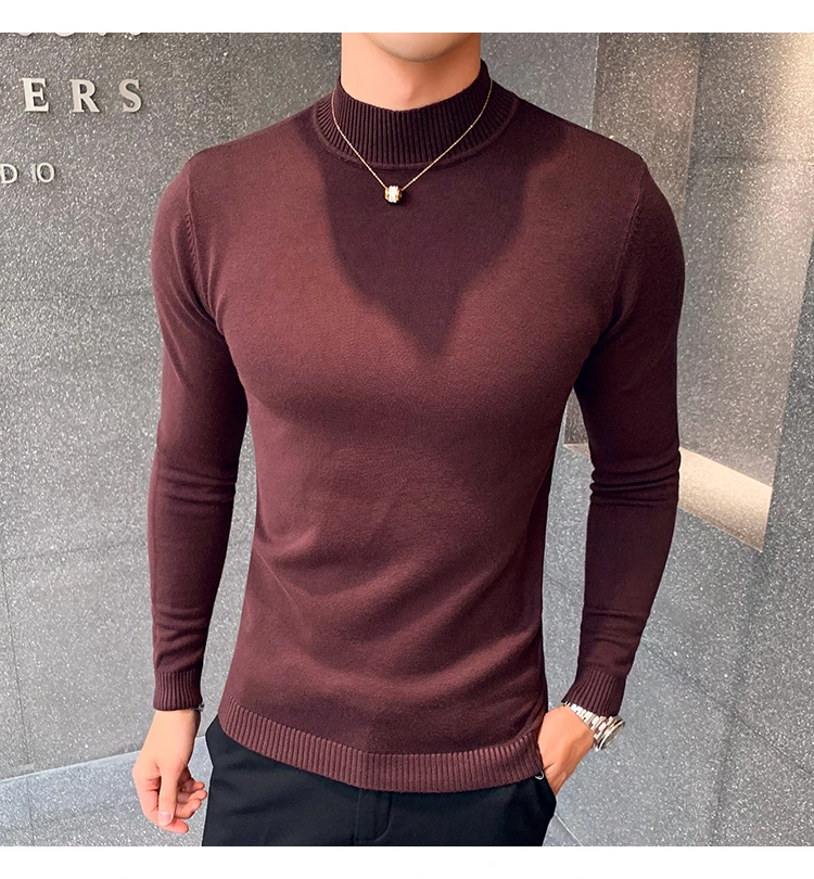 Модный однотонный вязаный мужской свитер, повседневный тонкий пуловер, высокое качество, теплый мужской свитер с высоким воротом, вязанная мужская блуза