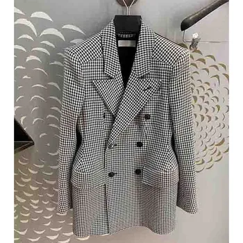 

Cosmicchic Women Woolen Blazer Houndstooth Suit Double-Breasted Waist Hugging Ladies Jackets Office Autumn Winter Blazer Elegant