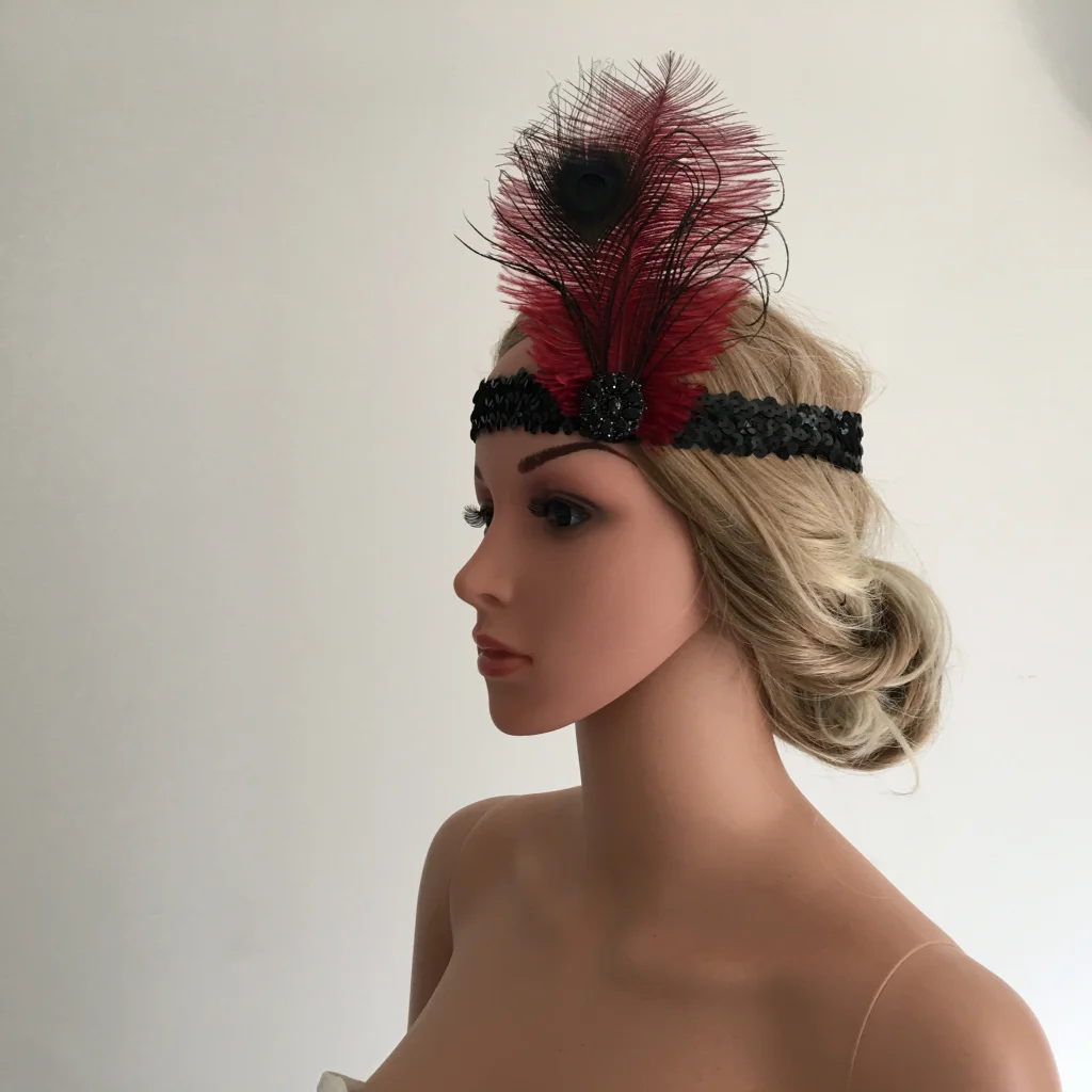 Wine Feather Flapper Headband 1920s Stretchy Headdress Charleston Headpiece