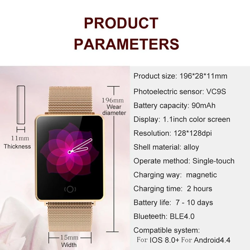 OPQ-CK26 Fashion Smart Women Watch Sports Activity Physiological Record Rose Gold Elegant Watch Stainless Steel Strap