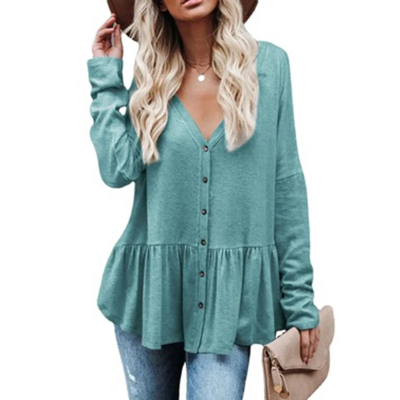 Xl Women's Coat Buttoned Cardigan Thin Coat Women's Solid Color Button Irregular Pleated Hem Long Sleeve Top Plus Size
