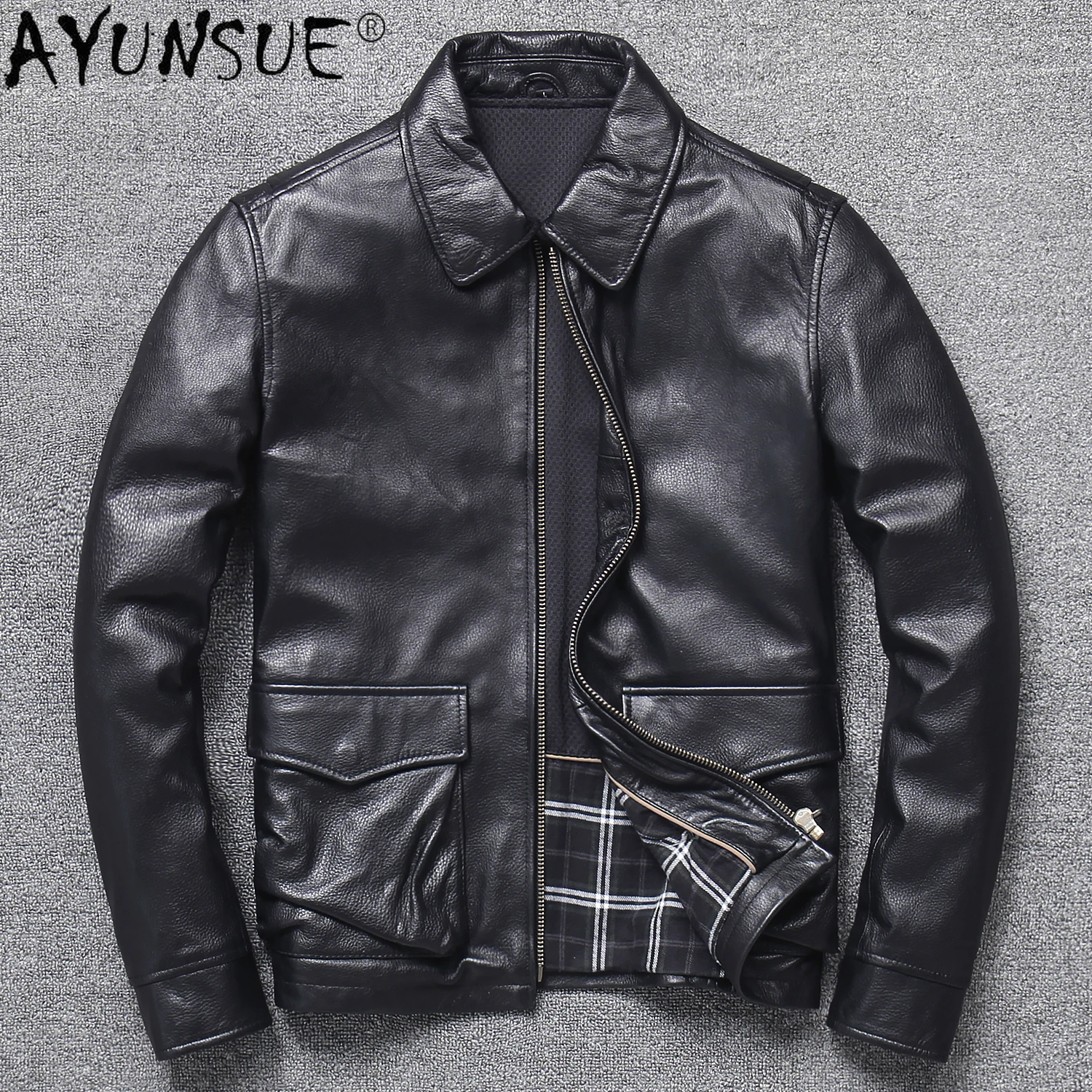 

AYUNSUE Men's Genuine Leather Jacket Men Clothing Sheepskin Leather Motorcycle Jackets Autumn Coat Short Clothes Ropa LXR699