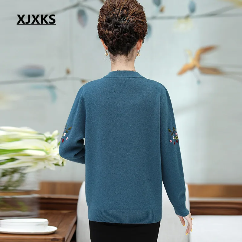XJXKS autumn winter new women jacket fashion embroidery comfortable cashmere knitted cardigan women sweater coat