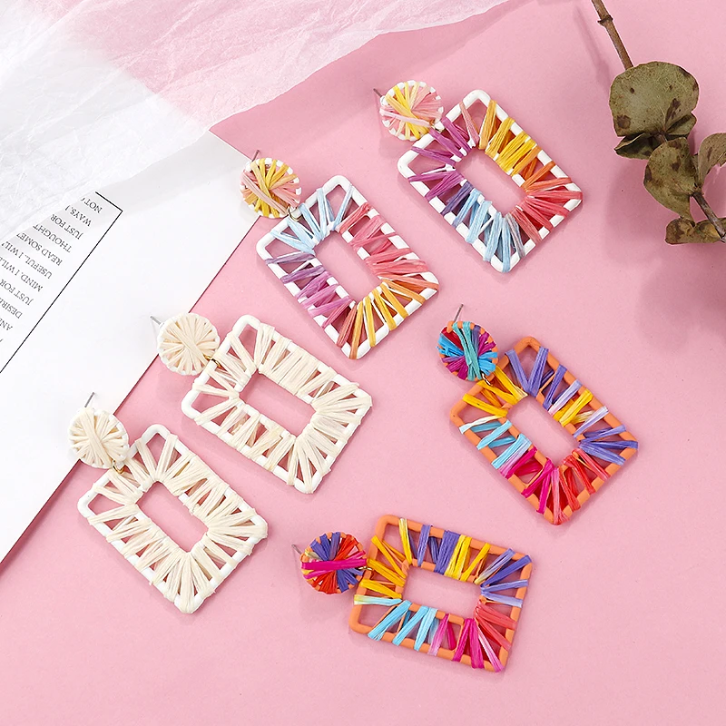 

Flashbuy New Colorful Square Raffia Straw Earrings Statement Handmade Rattan Knit Earrings For Women Party Jewelry Pendientes