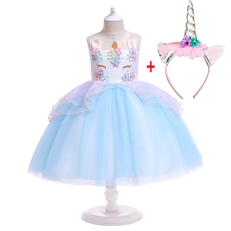 Детское рождественское платье с единорогом для девочек; фантазийное платье принцессы для дня рождения, карнавала; платье-пачка для девочек на свадьбу - Цвет: BlueHeadband