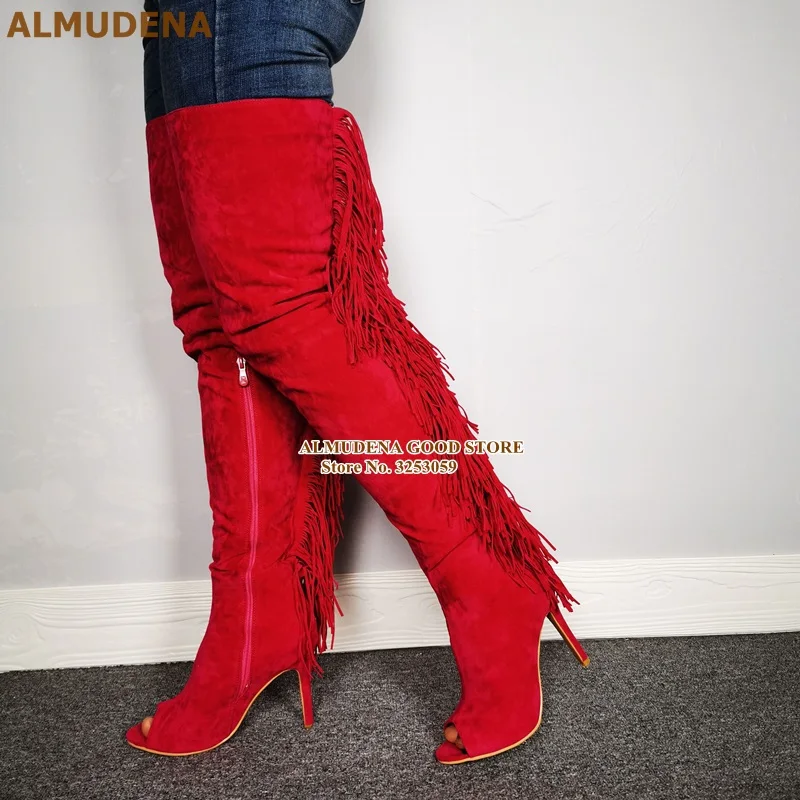 1909S1065 华为拍红色绒面鱼嘴过膝后流苏长靴 刘兴欢280 (4)