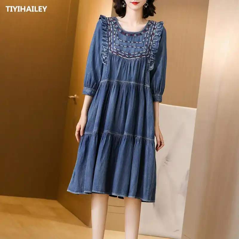 Tiyihailey Free Shipping New Three Quarter Knee Length Denim Dresses One Piece Women Vintage Embroidery Dress S Xl Jeans Dresses Aliexpress