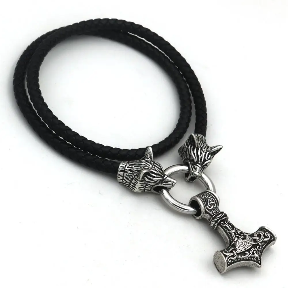 

Nostalgia Wolf Head Leather Chain Thor Hammer Mjolnir Raven Triskele Trinity Viking Necklace
