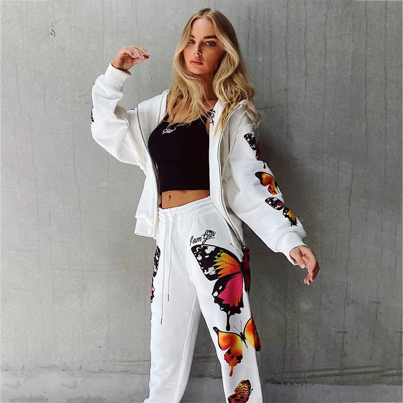 Conjunto deportivo de dos piezas con capucha y estampado de mariposa para mujer, chándal informal holgado de manga larga para primavera y otoño