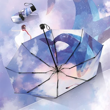 

Hand drawn whale starry sky Rain Umbrella Black Coating Colorful Sun Parsols Summer Modern Girl Princess Hangbag Round Umbrella