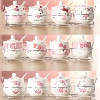 

Special Offer Ceramic Set Seasoning Jar Cartoon Pattern Bone China Four-piece Set of Spices Bottle Kitchen Supplies Iron Rack