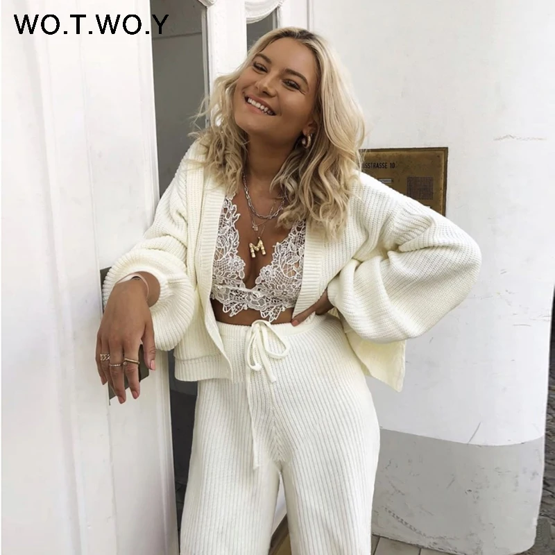 

WOTWOY 2019 Autmn Winter Women Sweater Two Piece Set V-neck Sweater Calf Length Pants 2 Piece Set women Female Suits Clothes