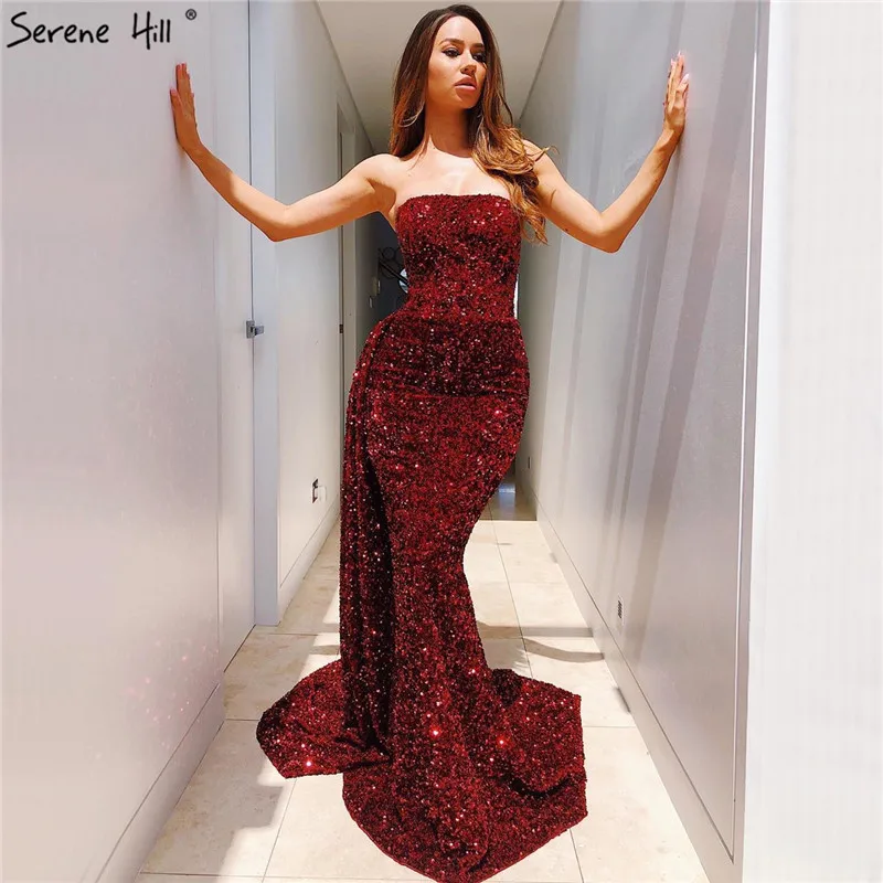 Serene Hill Wine Red Strapless Luxury Sexy Evening Dress 2020 Dubai Design Off Shoulder Sequins Formal Party Gown CLA70304 | Свадьбы и