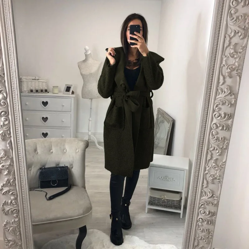Горячая EBay Горячая с капюшоном свободного кроя средней длины с поясом шерстяная куртка