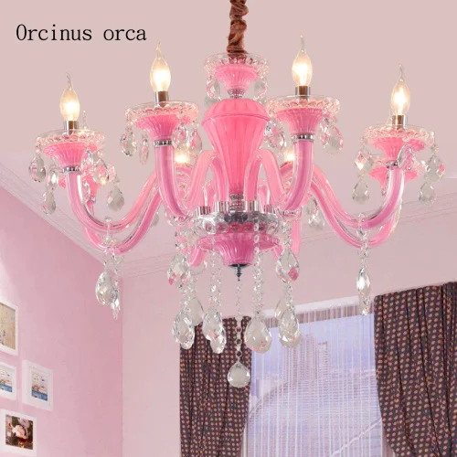 

European style pink candle crystal chandelier living room girl bedroom princess room children romantic luxury chandelier