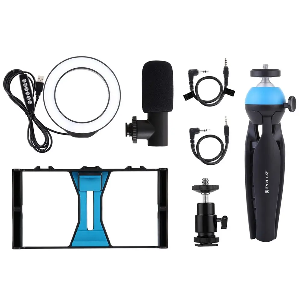 

4 In 1 Vlogging Live Broadcast Smartphone Video Rig + Ring LED Selfie Light + Microphone + Pocket Tripod Mount Kits