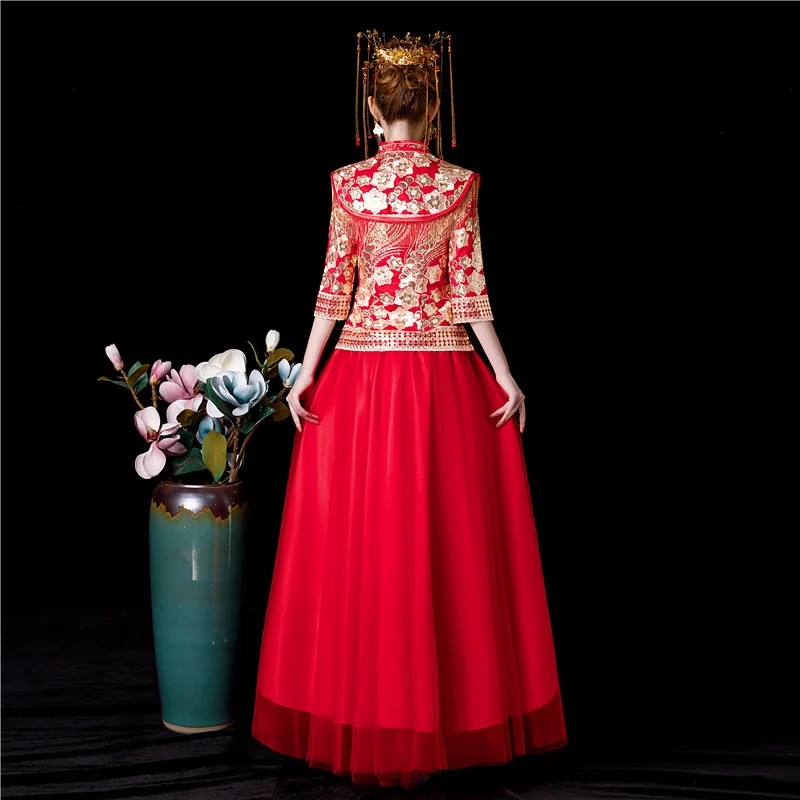 Красное свадебное платье Cheongsam с блестками и цветами в винтажном китайском стиле; торжественное платье в сеточку; костюм невесты; традиционный костюм в стиле Тан с вышивкой; Qipao