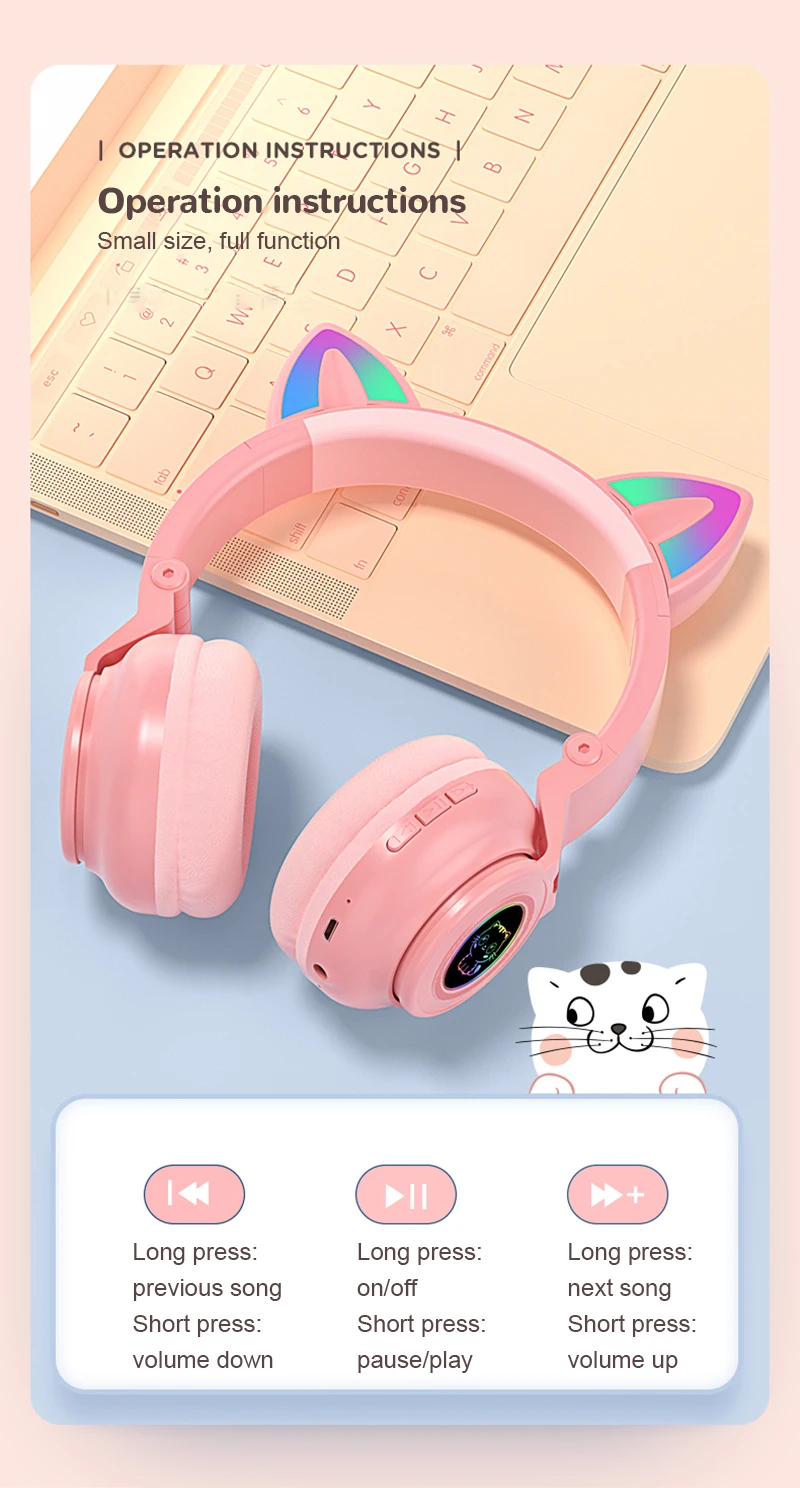 Cute RGB Kitten wireless Headsets Bluetooth 5.0 Bass Noise Cancellation Adult Child Girl Headset Support TF Card Helmet with Mic