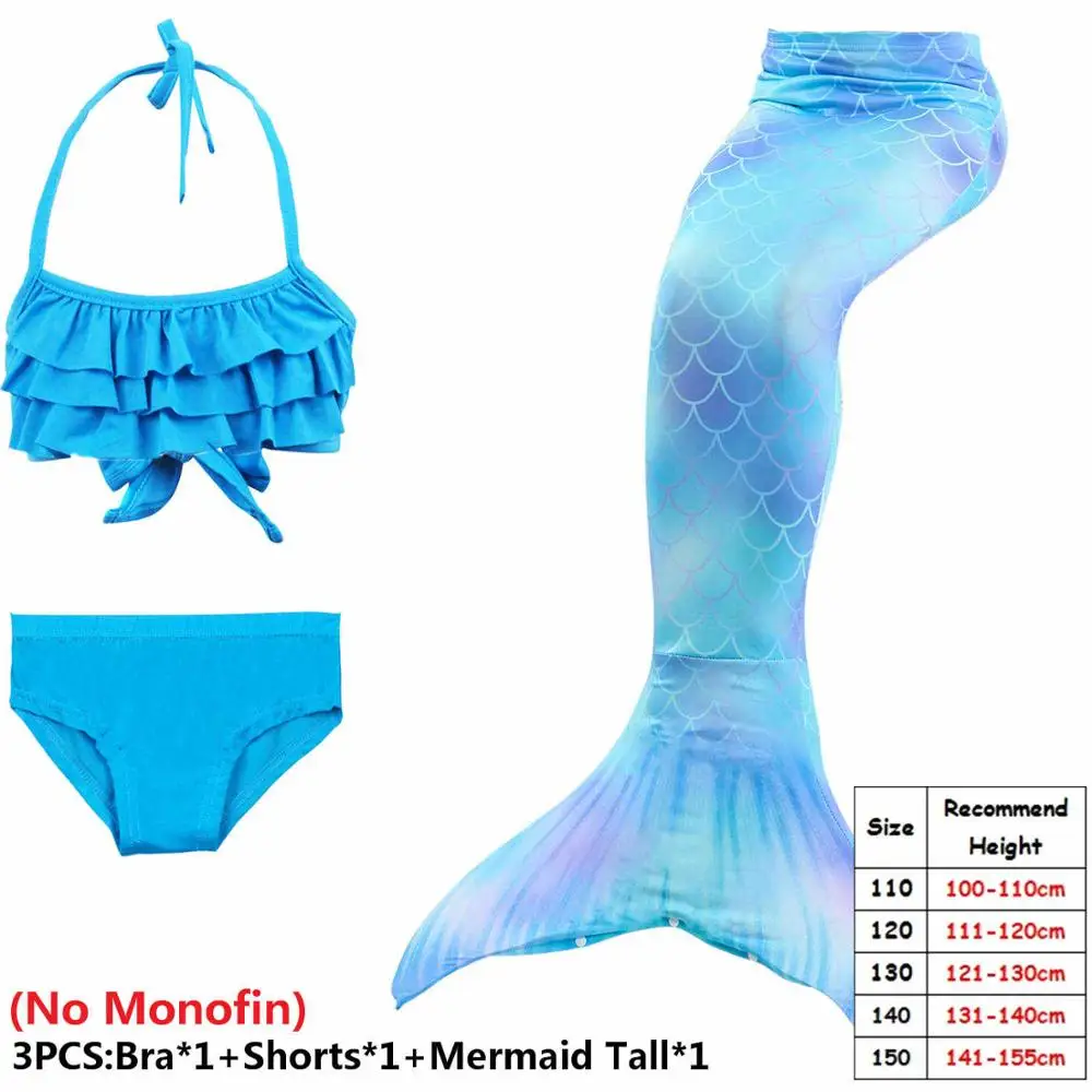 3pcs No Monofin Купальный костюм с хвостом русалки для девочек, купальный костюм, костюм русалки, купальник, можно добавить монофонический плавник с гирляндой - Цвет: 3pcs No Monofin