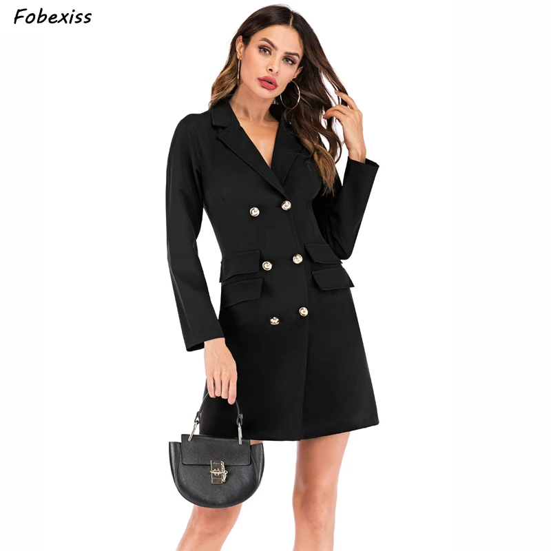 

Elegant Black Blazer Dress Women Fall 2019 Double Breasted Long Sleeve Plus Size Bodycon Mini Dress Suit Slim Dress Suit Office