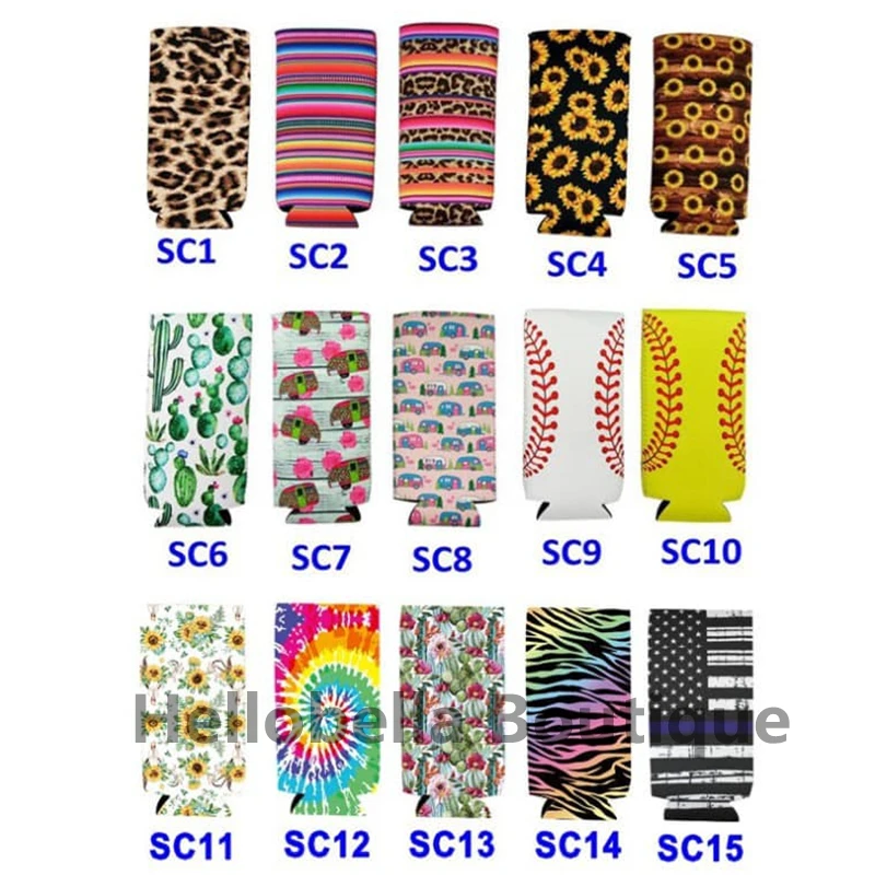 60Pcs Monogrammed Tie Dye Slim Can Case Cheetah Neoprene Cooler Cover Cactus Bull skull Bottle Holder Sun Flower |