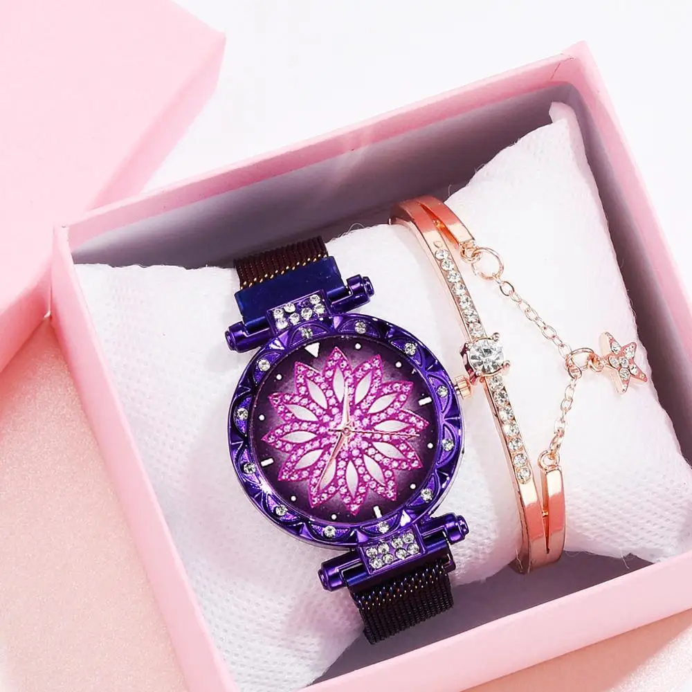 Purple Set Модные женские сетчатые часы с магнитной пряжкой, роскошные женские часы с цветочным принтом, стразы, кварцевые часы, Набор браслетов для женщин, Relogio Feminino - Цвет: Purple Set