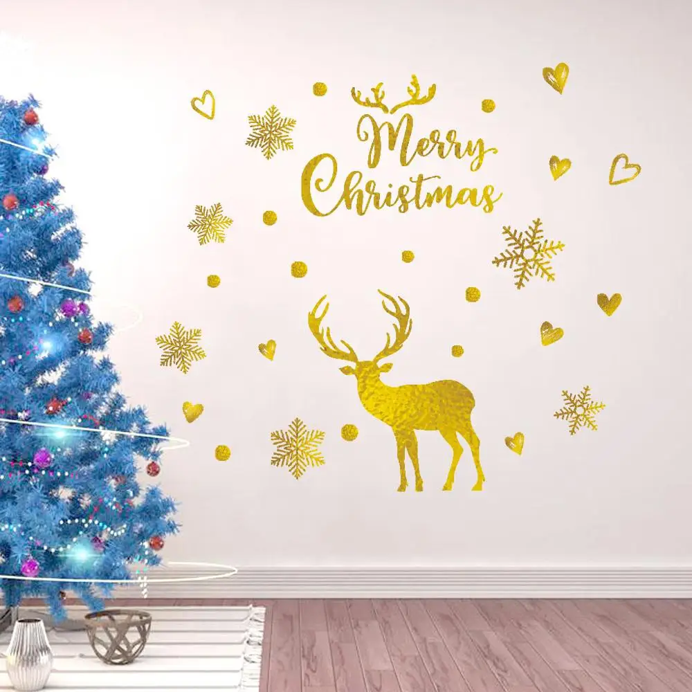 Merry Christmas с золотым оленем ПВХ Наклейка на стену Декор для гостиной Новогодние