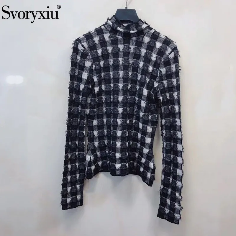 

Svoryxiu Designer Autumn Winter Black White Plaid Turtleneck Sweater Pullovers Women's Long Sleeve Fashion Knitting Jumper