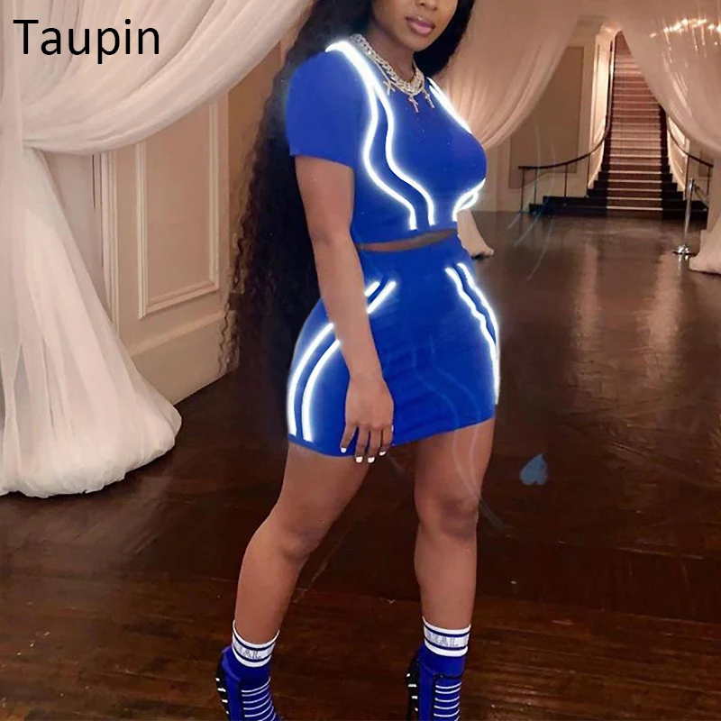 

Taupin Two Pieces Set Women Reflective Striped Short Sleeve Crop Top Elastic Waist Short Skirts Set Women Two Piece Outfits 2019