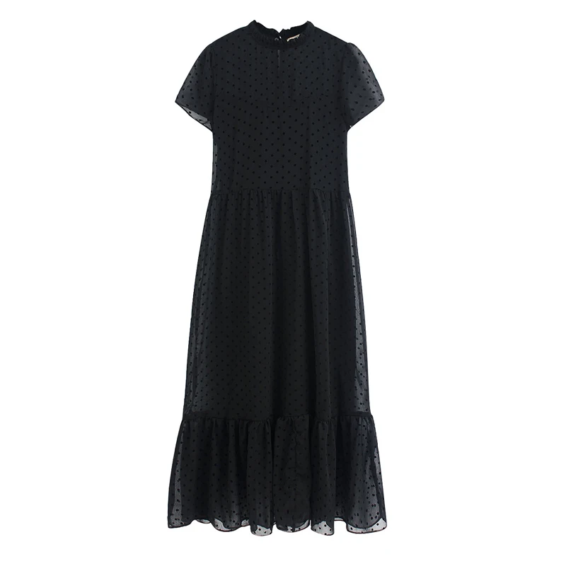 Женское летнее Модное шифоновое платье в горошек с коротким рукавом и круглым вырезом, женские повседневные однотонные вечерние платья, элегантное платье vestidos - Color: 1