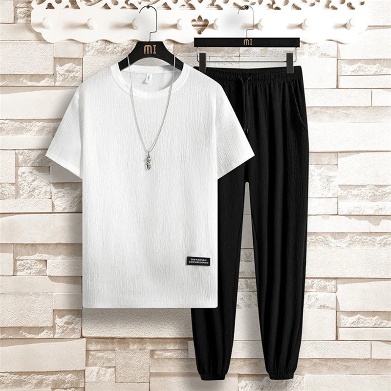 mens short sets 2021 Summer Men's Casual Sport Suit Short Sleeve Two-piece Sets Fashion Loose Ice Silk Pullover Tops+drawstring Trouser Big Size mens two piece sets