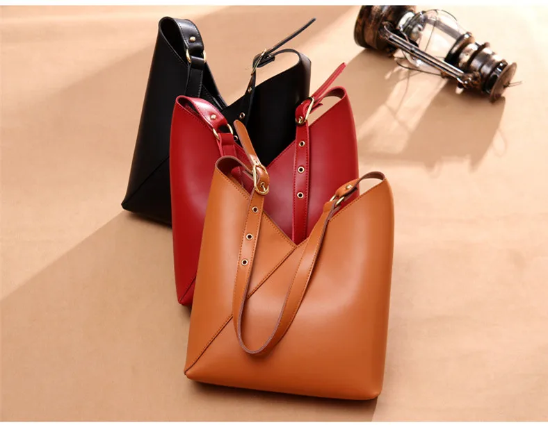 New Trend Simple Style Women's Multi-function Casual Totes and Shoudler Pockets Winter Solid Genuine Leather 3-color Bags