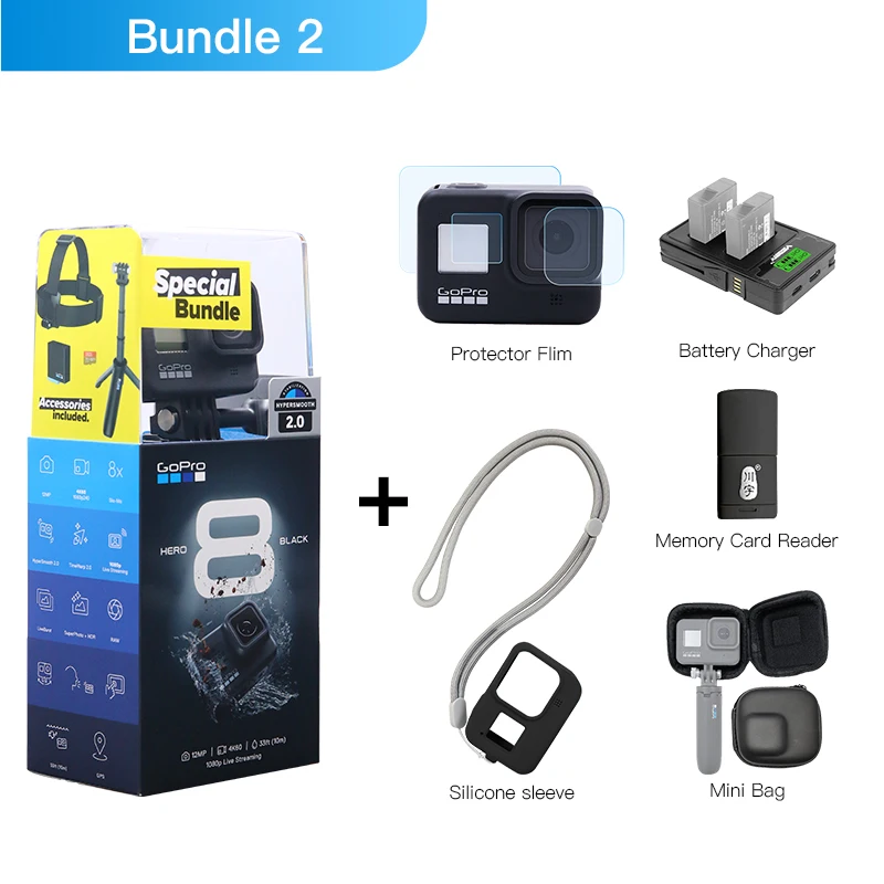 Bundle 2 GoPro HERO 8 черная Специальная водонепроницаемая Спортивная Экшн-камера 4K видео 12 Мп фото 1080p прямая трансляция Go Pro Hero8 Cam - Цвет: Bundle 2