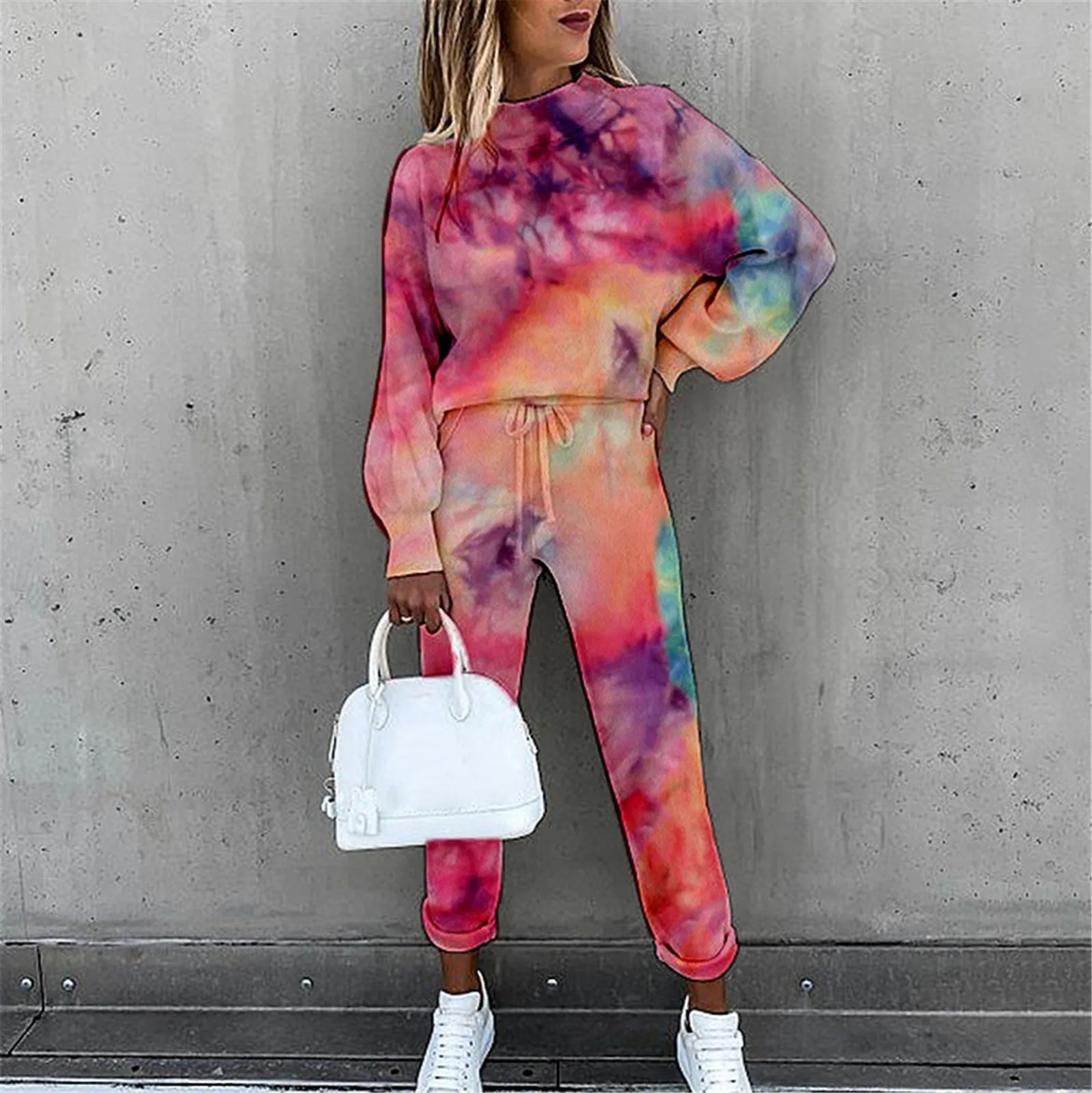Women Tie-Dye Printed High Neck Lace-up Long Sleeve Fashion ladies Casual Trousers Suit Matching Design 2021 New Pant Sets femme 1