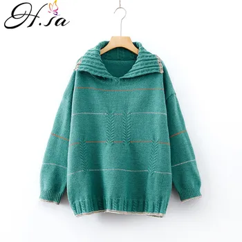 

H.SA 2019 Korean Fashion Women Green Sweater and Pullovers Turn-Down Collar Oversized Striped Pull Sweater Chic Harajuku Sweater