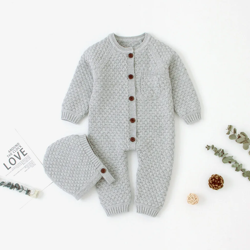 Newborn Infant Baby Girl Boy Long Sleeve Romper Winter Warm Coat Knit Casual Romper Button Jumpsuit Hat Outfits Clothes Costume